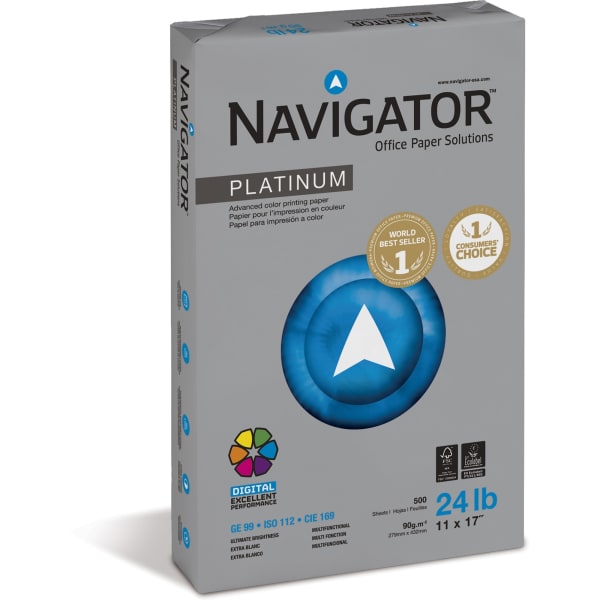 Navigator Platinum Digital Copier And Printer Paper, 5 Reams, Ledger Size (11in x 17in), 2500 Sheets Total, 99  (U.S.) Brightness, 24 lb, Bright White, 500 Sheets Per Ream
