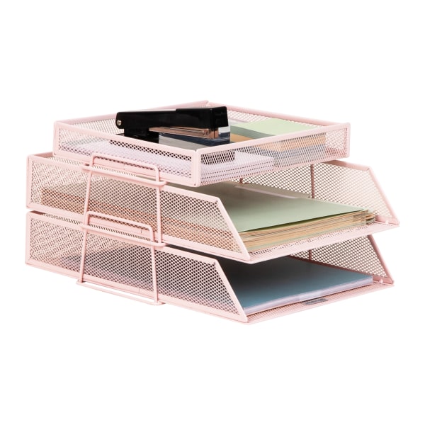 Mind Reader 2-Tier Paper Tray With Top Supply Compartment, 6-3/4inH x 13-1/4inW x 10-1/2inD, Pink