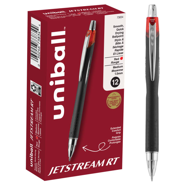 uni-ball Jetstream RT Retractable Ballpoint Pens, Bold Point, 1.0 mm, Black Barrel, Red Ink, Pack Of 12