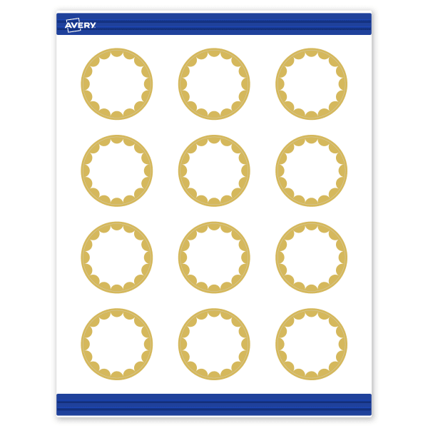 Avery Printable Round Cards With Sure Feed Technology, 2in, Matte White With Preprinted Gold Dots Edge, Pack Of 120