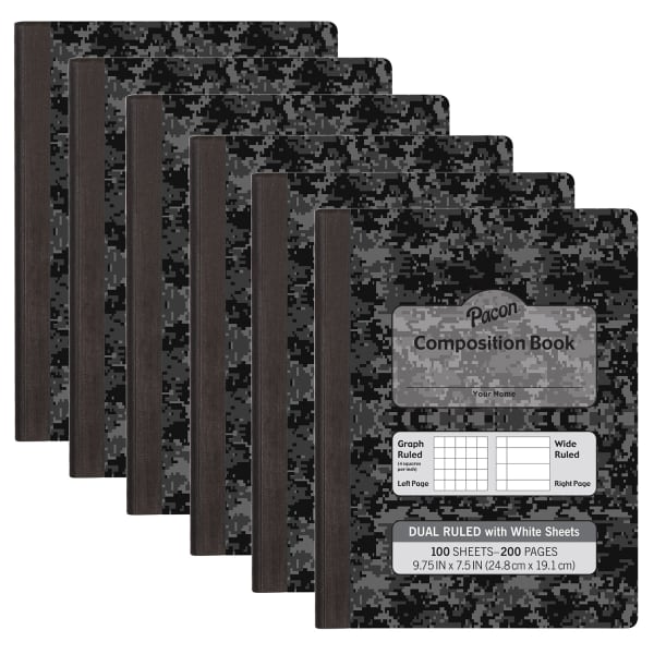 Pacon Dual Ruled Composition Book, 9-3/4in x 7-1/2in, 1/4in Grid & 3/8in Wide Ruled, 100 Sheets, Dark Gray Marble, Pack Of 6