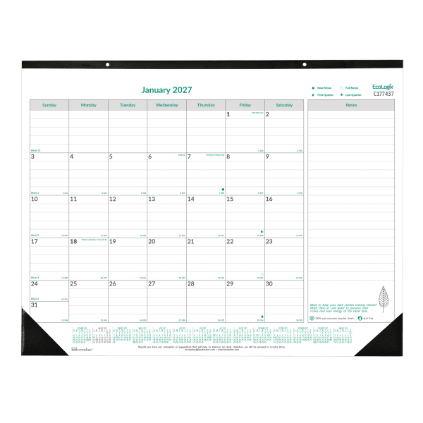 2027 Brownline EcoLogix Monthly Desk Pad Calendar, 22in x 17in, 100% Recycled, Green/White, January to December, C177437, Total Qty 1