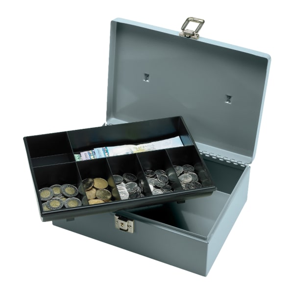 Sparco All-Steel Latch Lock Cash Box With Tray, 7 Compartments, 4in x 11in x 7 3/4in, Gray