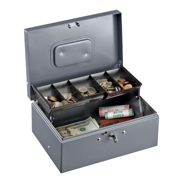 Sparco Key Lock Controller Cash Box With Tray, 5 Compartments, 3 7/16in x 11 7/16in x 7 1/2in, Gray