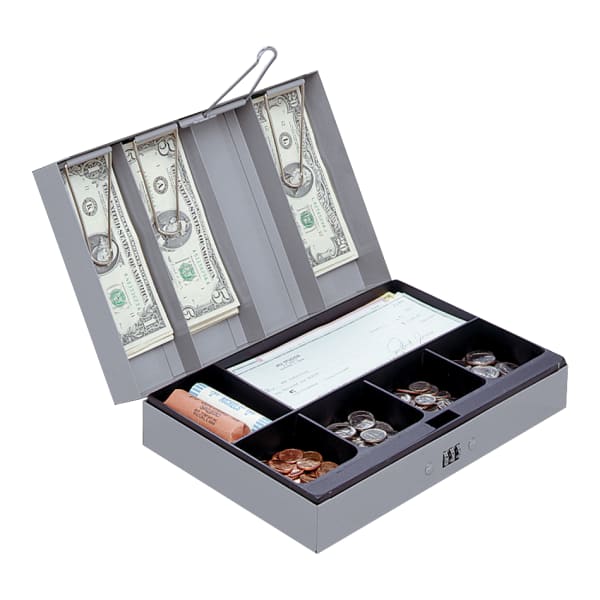 Sparco Steel Combination Lock Cash Box With Tray, 3 1/4in x 11 1/2in x 7 3/4in, Gray