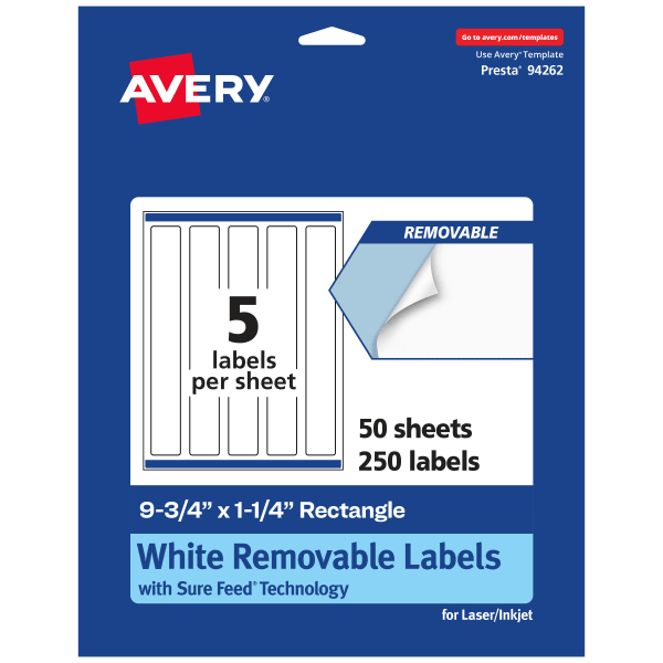 Avery Removable Labels With Sure Feed, 94262-RMP50, Rectangle, 9-3/4in x 1-1/4in, White, Pack Of 250 Labels
