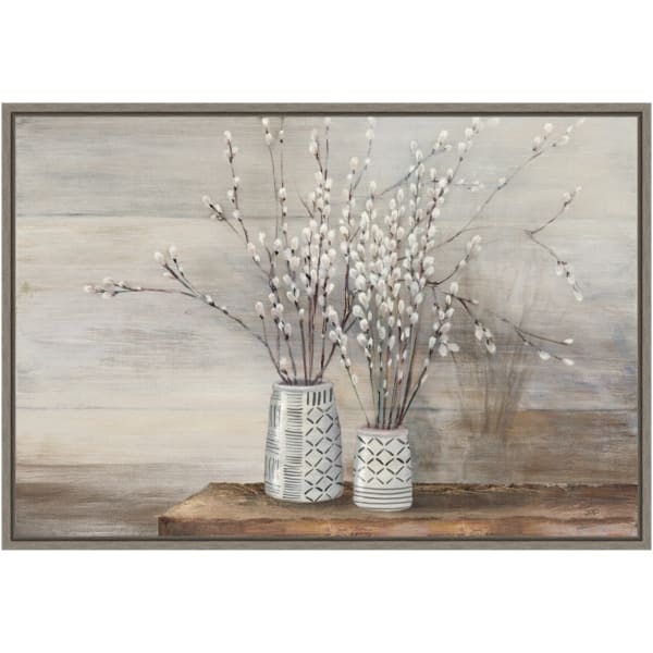 Amanti Art Pussy Willow Still Life With Designs by Julia Purinton Framed Canvas Wall Art Print, 23in x 16in, Graywash