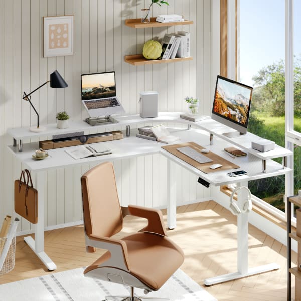 Bestier 63in Electric Adjustable-Height L-Shaped Standing Desk, White