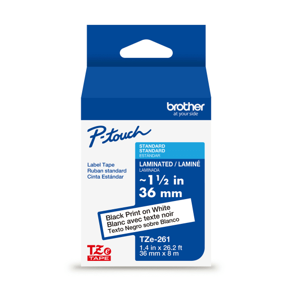 Brother P-Touch TZe261, Laminated, ~1-1/2in x 26.2ft (36mm x 8m), Black on White Label Tape