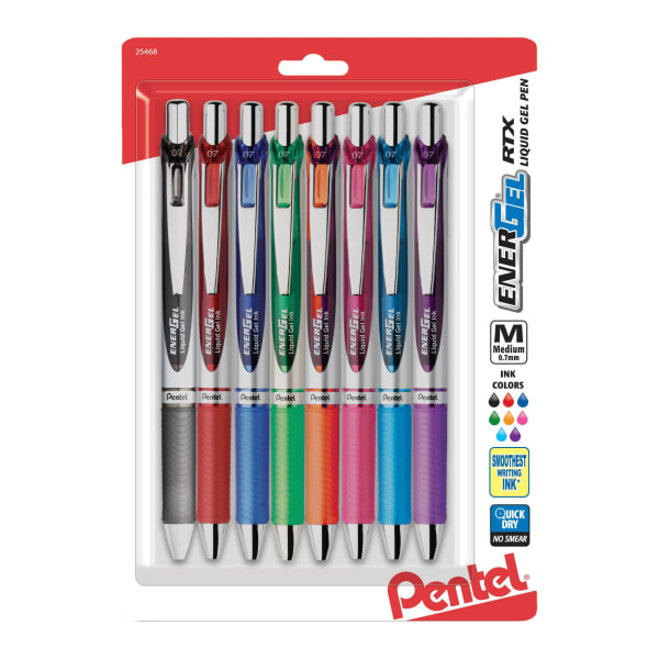 Pentel EnerGel RTX Pens, 0.7 mm, Medium Point, Assorted Ink Colors, Pack Of 8