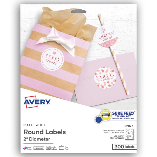 Avery Printable Labels With Sure Feed, 22877, Round, 2in Diameter, Matte White, 300 Customizable Labels