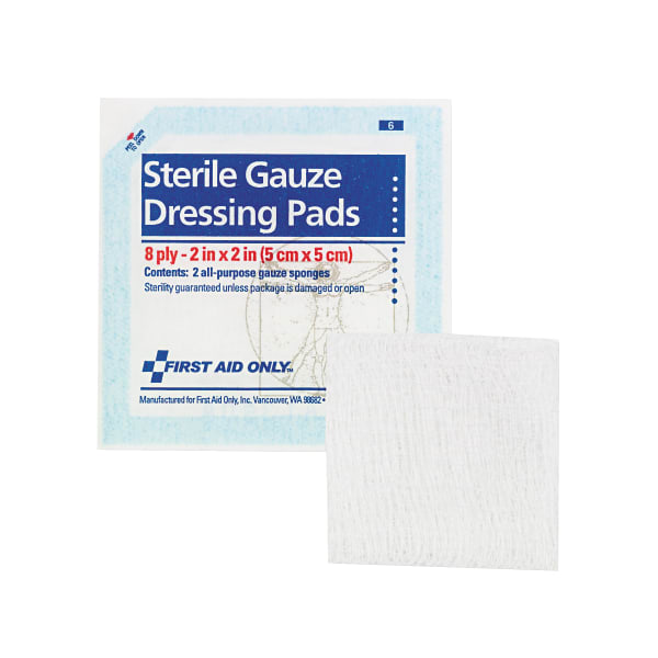 First Aid Only Sterile Gauze Dressing Pads - 8 Ply - 2in Width x 2in Length - White - 10 / Pack
