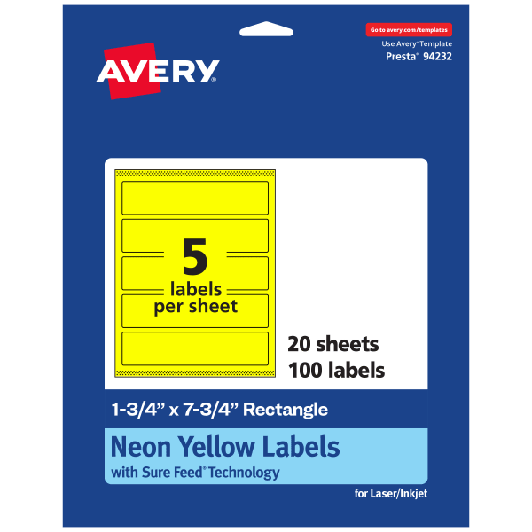 Avery Print-To-The-Edge Labels With Sure Feed Technology, 94232-NYP20, Rectangle, 1-3/4in x 7-3/4in, Matte Neon Yellow, Pack of 100