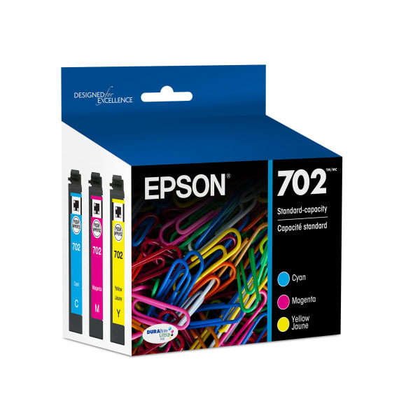 Epson 702 DuraBrite Ultra Cyan, Magenta, Yellow Ink Cartridges, Pack Of 3, T702520-S