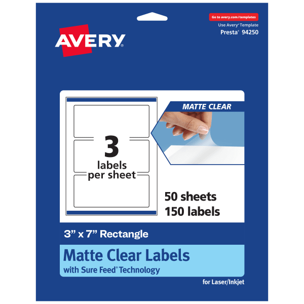 Avery Permanent Labels With Sure Feed, 94250-CMF50, Rectangle, 3in x 7in, Matte Clear, Pack Of 150