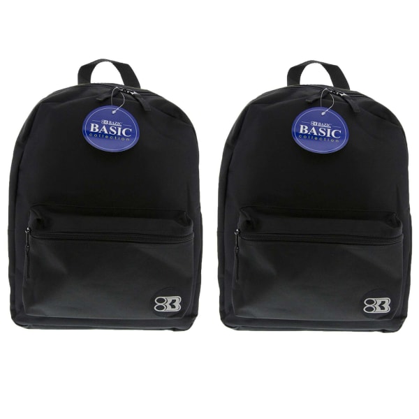 BAZIC Products 16in Basic Backpacks, Black, Pack Of 2 Backpacks