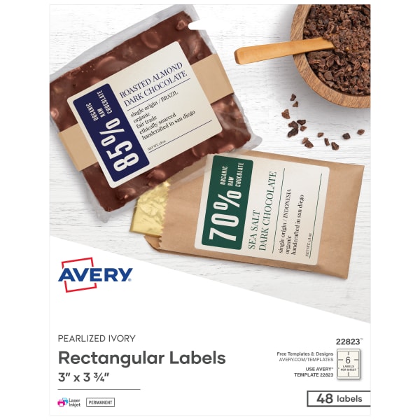 Avery Print-To-The-Edge Permanent Rectangular Labels, 22823, 3in x 3 3/4in, Pearlized Ivory, Pack Of 48