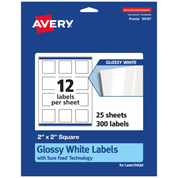 Avery Glossy Permanent Labels With Sure Feed, 94107-WGP25, Square, 2in x 2in, White, Pack Of 300