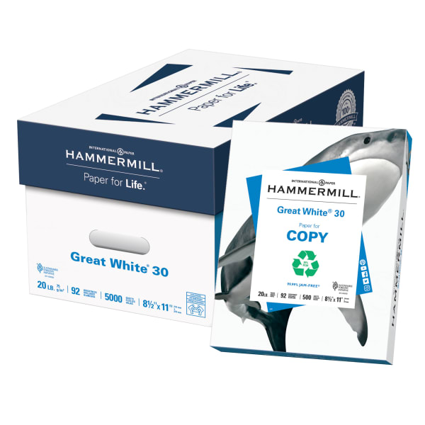 Hammermill Great White Copy Paper, 10 Reams, White, Letter (8.5in x 11in), 5000 Sheets Per Case, 20 Lb, 92 Brightness, 30% Recycled