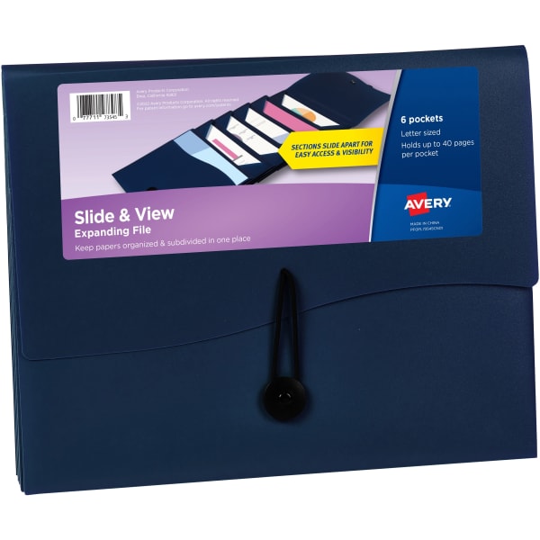 Avery Slide & View Letter Organizer Folder - 8 1/2in x 11in - 40 Sheet Capacity - 6 Pocket(s) - Plastic, Poly - Navy - 1 Each