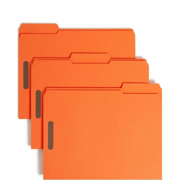 Smead Color Fastener Folders With Reinforced Tabs, 8 1/2in x 11in, Letter Size, 1/3 Tab Cut, Orange, Box Of 50 Folders