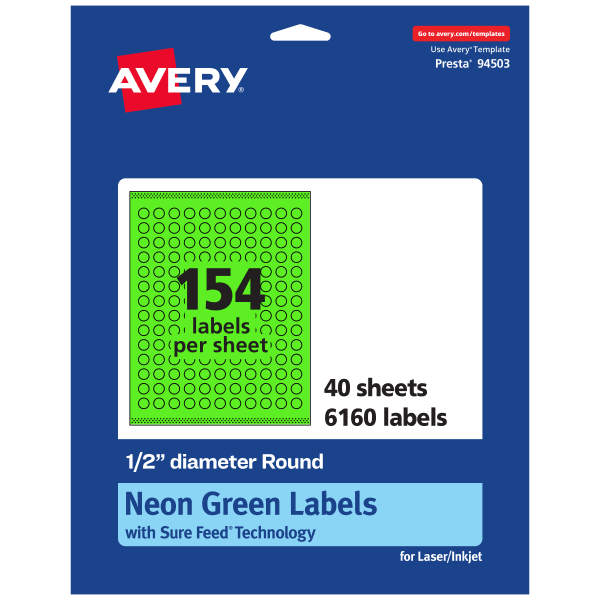 Avery Print-To-The-Edge Labels With Sure Feed Technology, 94503-NGP40, Round, 1/2in, Matte Neon Green, Pack of 6160