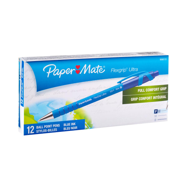 Paper Mate FlexGrip Ultra Retractable Pens, Fine Point, 0.8 mm, Blue Barrel, Blue Ink, Pack Of 12