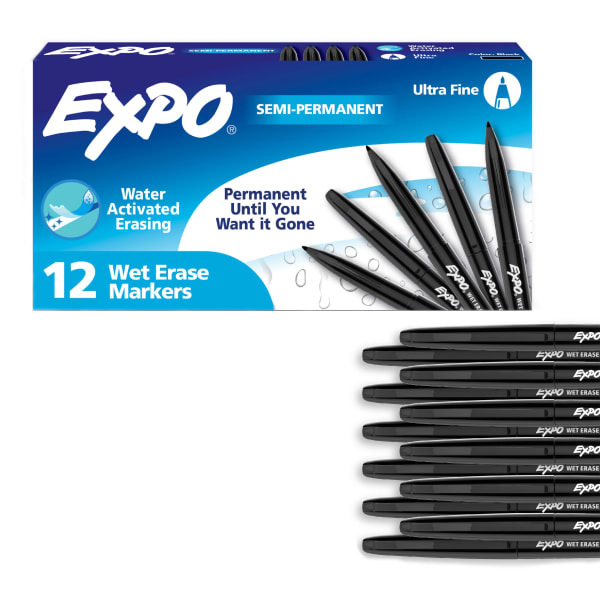 EXPO Wet-Erase Ultra Fine-Tip Markers, Black, Box Of 12