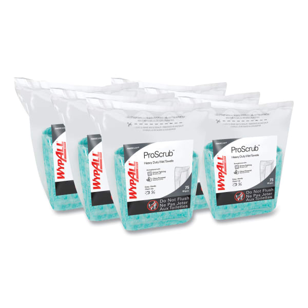WypAll Power Clean ProScrub Pre-Saturated Wipes, 12 x 9.5, Citrus Scent, Green, 75/Pack, 6 Packs/Carton