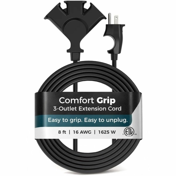 Uncaged Ergonomics Comfort Grip 3-Outlet Extension Cord, 8 ft, Black - 16 Gauge - Black - 8 ft Cord Length - Indoor, Outdoor - Tangle Resistant