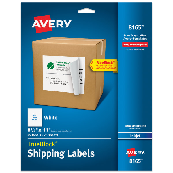 Avery Permanent Full-Sheet Labels, 8165, Inkjet, 8 1/2in x 11in, White, Box Of 25