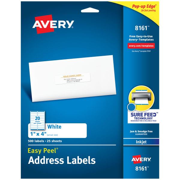 Avery Easy Peel Address Labels With Sure Feed Technology, 8161, Rectangle, 1in x 4in, Matte White, Pack Of 500