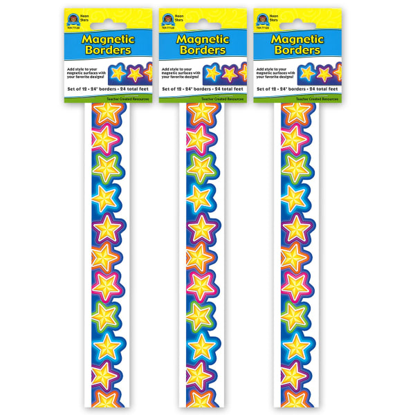 Teacher Created Resources Magnetic Borders, Neon Stars, 24in x 1-1/2in, 12 Borders Per Pack, Set Of 3 Packs