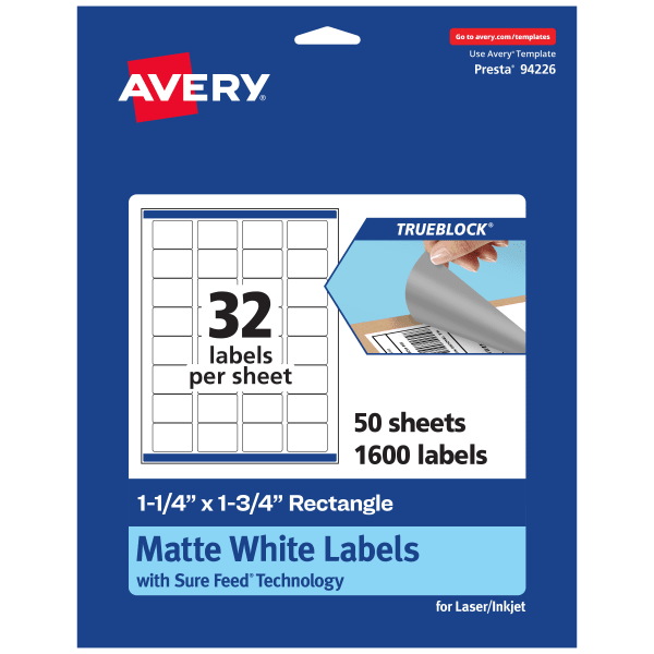 Avery TrueBlock Labels With Sure Feed, 94226-TWMP50, Rectangle, 1-1/4in x 1-3/4in, Matte White, Pack Of 1600
