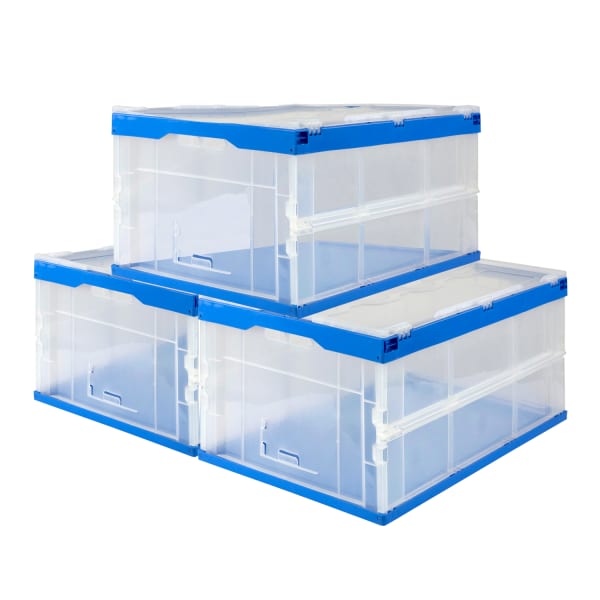Mount-It! Folding Heavy-Duty Storage Crates, 12-1/2inH x 21-1/2inW x 15-5/16inD, Clear/Blue, Pack Of 3 Crates