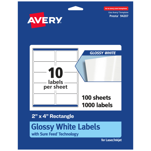 Avery Glossy Permanent Labels With Sure Feed, 94207-WGP100, Rectangle, 2in x 4in, White, Pack Of 1,000