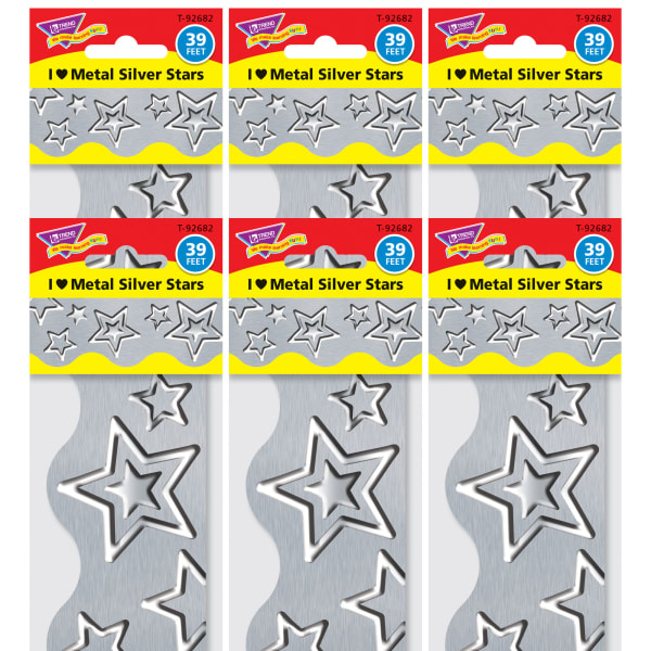 Trend Terrific Trimmers Packs, 39' x 2-1/4in, Silver Stars, Set Of 6 Packs