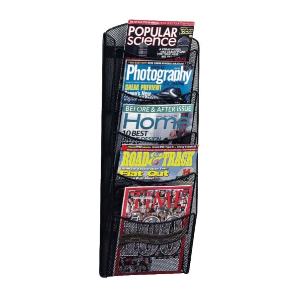 Safco 5-Pocket Mesh Magazine Rack, 28 1/3inH x 10 1/4inW x 3 1/2inD, Black
