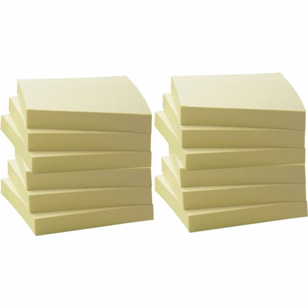 Business Source Yellow Adhesive Notes - 3in Flag/Note Width x 3in Flag/Note Length - Square - 100 Sheets per Pad - Unruled - Yellow - Self-adhesive, Removable - Recycled - 12 / Pack