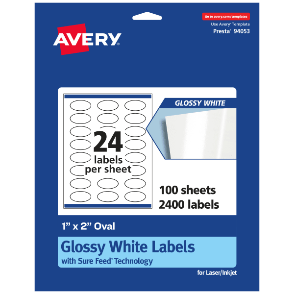 Avery Glossy Permanent Labels With Sure Feed, 94053-WGP100, Oval, 1in x 2in, White, Pack Of 2,400