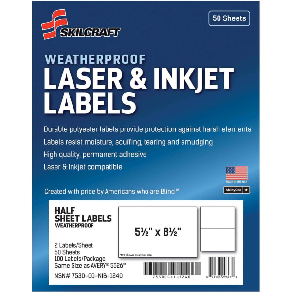SKILCRAFT Weatherproof Mailing Labels - 5 1/2in Width x 8 1/2in Length - Permanent Adhesive - Rectangle - Laser, Inkjet - White - Polyester, Paper - 2 / Sheet - 100 / Pack - TAA Compliant