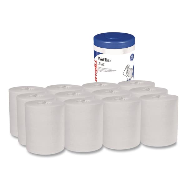 Kimtech WetTask System Prep Wipers for Bleach/Disinfectants/Sanitizers Hygienic Enclosed System Refills, w/Canister, 55/Rl,12 Roll/Ct