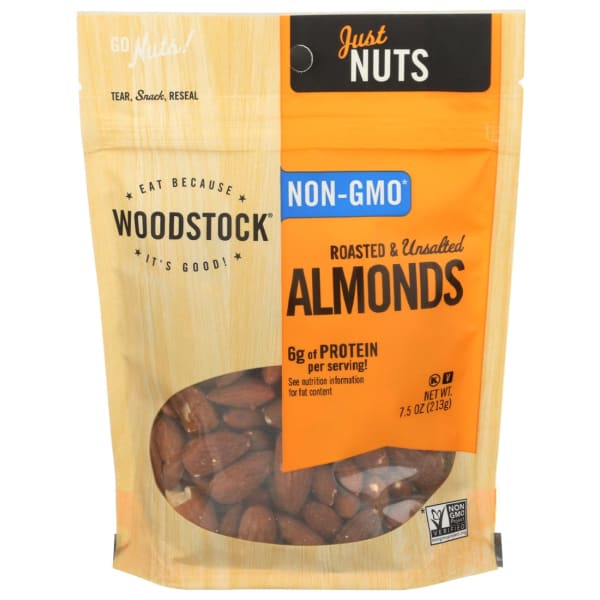 Woodstock Foods Non-GMO Almonds, Roasted And Unsalted, 7.5 Oz, Total Qty 8