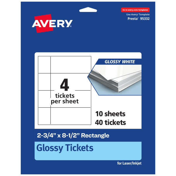 Avery Printable Tickets, 2.75inx8.5in, Glossy White, Pack Of 40