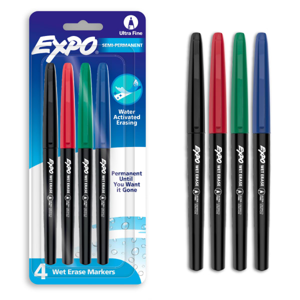 EXPO Wet-Erase Ultra Fine-Tip Markers, Assorted Colors, Pack Of 4