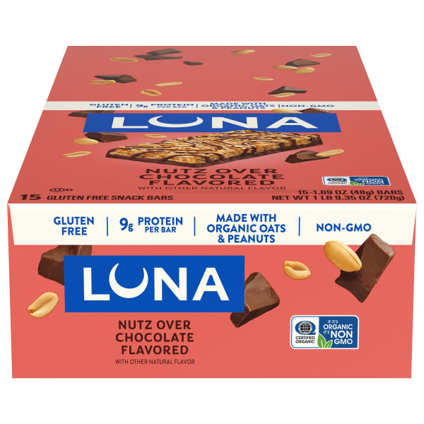 Luna Nutz Over Chocolate Whole Nutrition Bars, 1.69 Oz, Box Of 15 Bars
