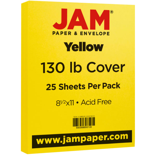 JAM Paper Card Stock, Yellow, Letter (8.5in x 11in), 130 Lb, Pack Of 25