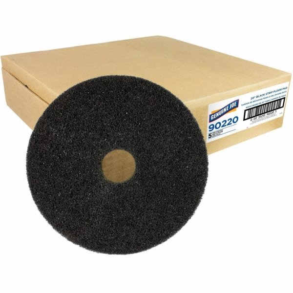 Genuine Joe Black Floor Stripping Pad - 20in Diameter - 5/Carton x 20in Diameter x 1in Thickness - Stripping, Floor - 175 rpm to 350 rpm Speed Supported - Resilient, Heavy Duty, Flexible, Dirt Remover, Long Lasting, Abrasive, Rotate - Fiber, Resin - Black