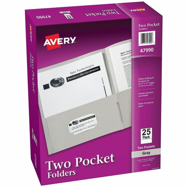 Avery Letter Pocket Folder - 8 1/2in x 11in - 40 Sheet Capacity - 2 Internal Pocket(s) - Embossed Paper - Gray - 25Box - 5 / Carton