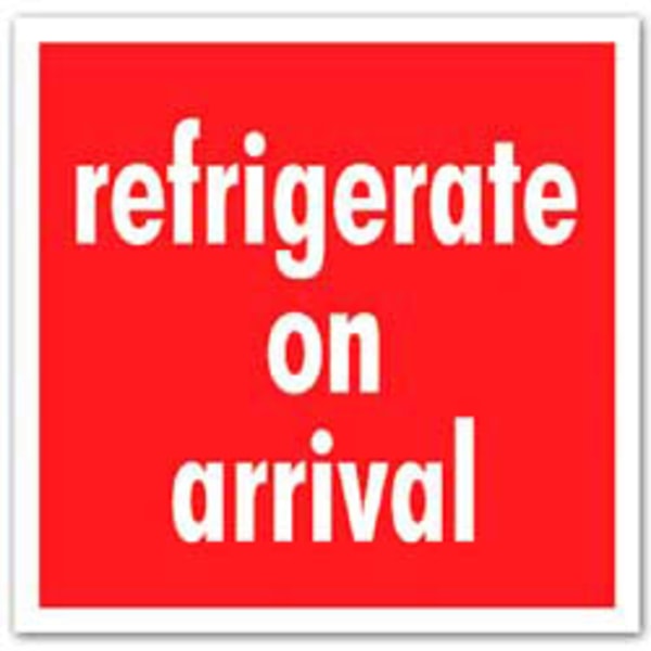Tape Logic Preprinted Shipping Labels, SCL589, "Refrigerate Upon Arrival," 4in x 4in, Red/White, Pack Of 500